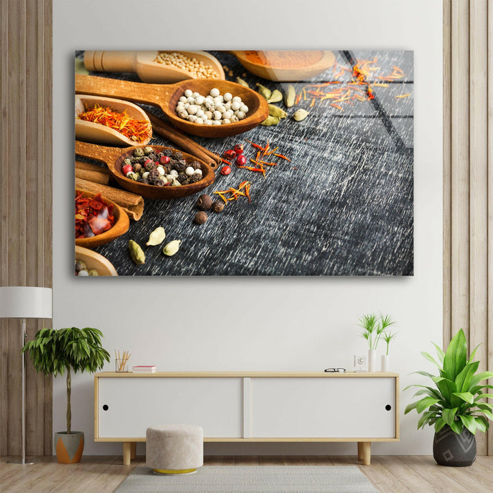 Spices On Wood Spoons Glass Wall Art, glass photo prints, glass picture prints