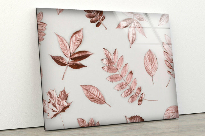 Rose Gold Leaves Glass Wall Art, glass art painting, glass art for the Wall
