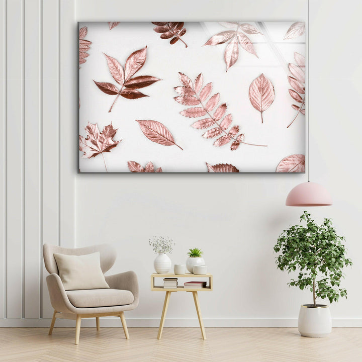 Rose Gold Leaves Glass Wall Art, Glass Printing Wall Art, Print photos on glass
