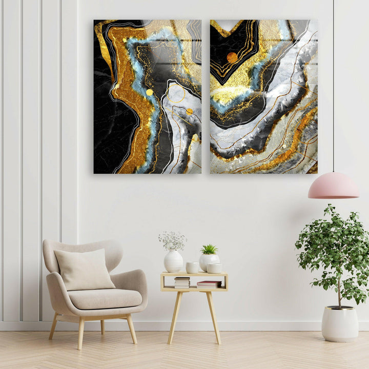 Black, White With Gold Shimmer Marble Glass Wall Art, glass photo prints, glass picture prints