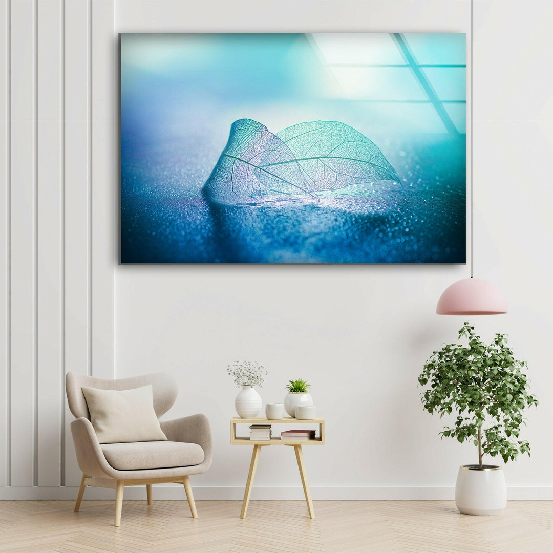 Blue Skeleton Leaf Glass Wall Art, glass pictures for Wall, glass prints wall art