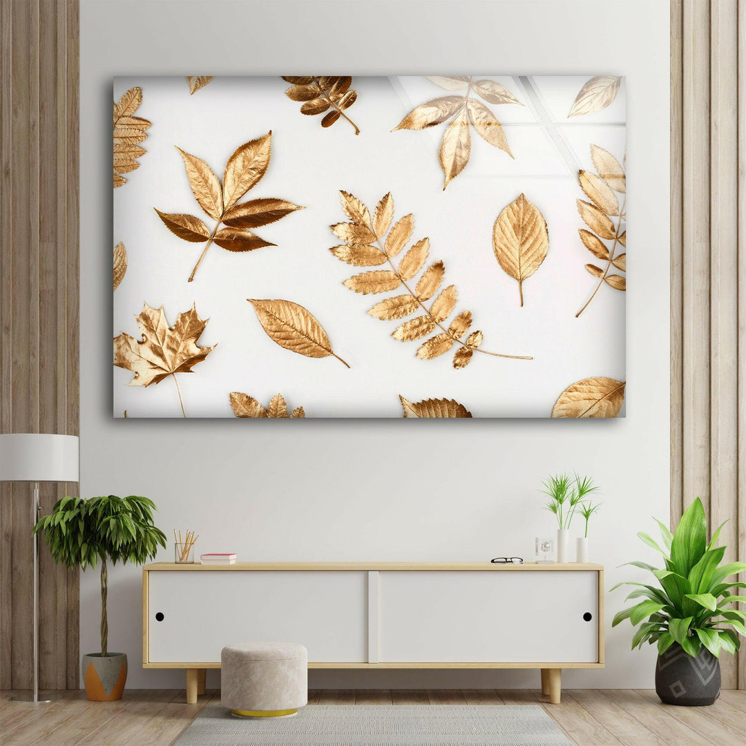 Golden Leaves Glass Wall Art, large glass photo prints, glass wall photos