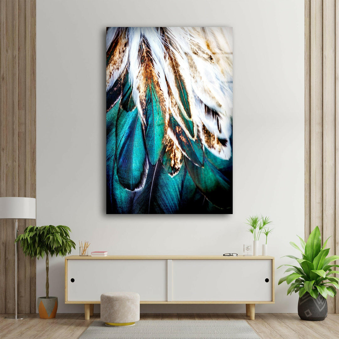 Green Feathers Glass Wall Art , print picture on glass,Tempered Glass Wall Art