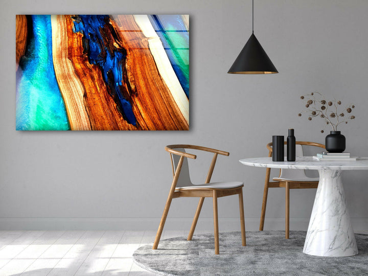 Blue Wood Epoxy Abstract Glass Wall Art, large glass photo prints, glass wall photos