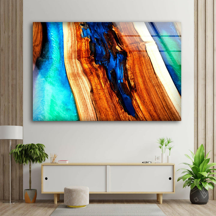 Blue Wood Epoxy Abstract Glass Wall Art, picture on glass wall art, photos printed on glass