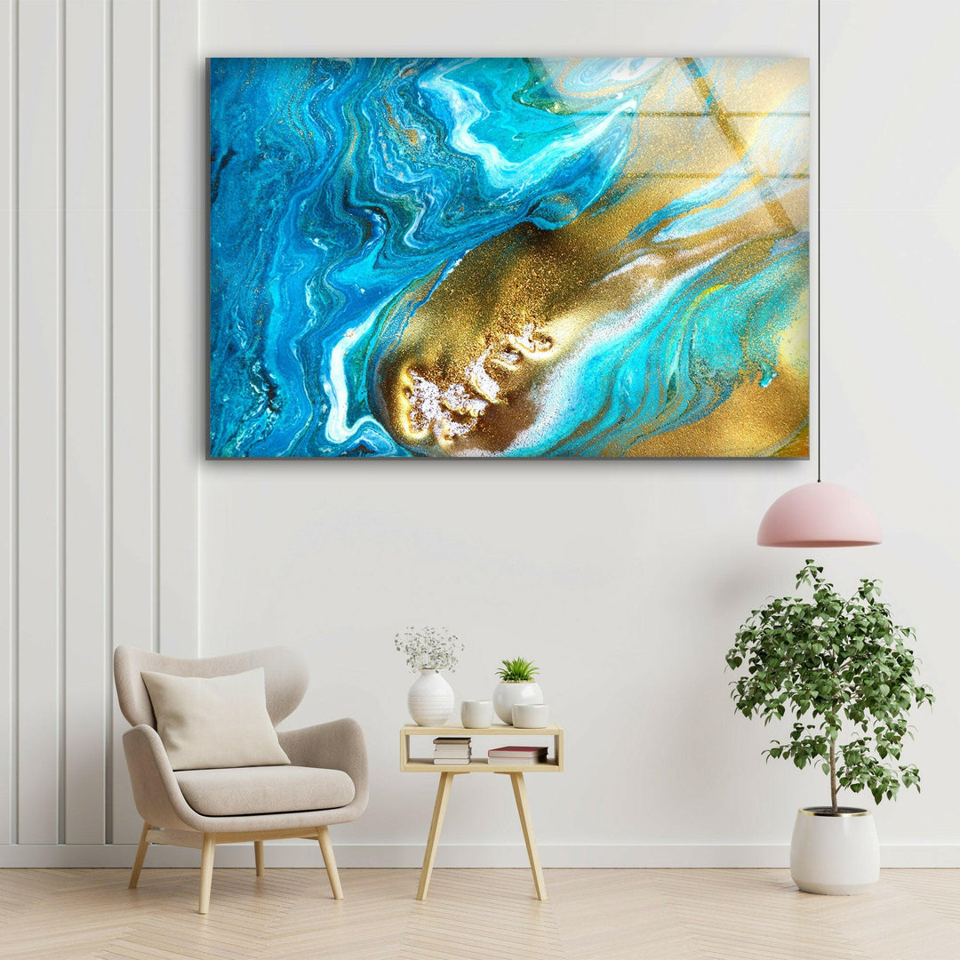 Streams of liquid blue white and gold ink curls waves of fluid turquoise and golden fluid paint wall art