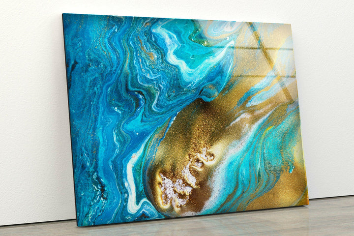 turquoise and golden fluid art on glass print