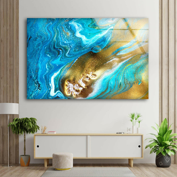 Streams of liquid blue white and gold ink curls waves glass wall art