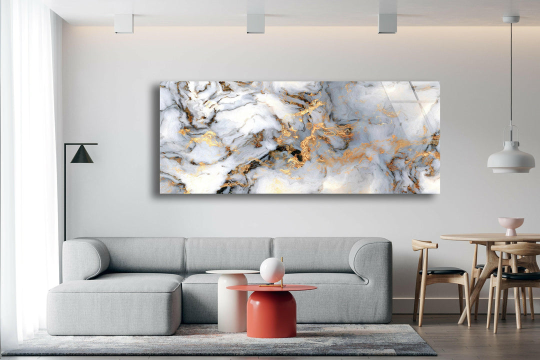 Gold & White Marble Abstract Glass Wall Art, glass pictures for Wall, glass prints wall art