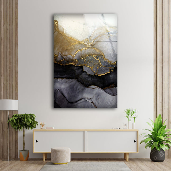 Alcohol ink Black and Gold Tempered Glass Wall Art