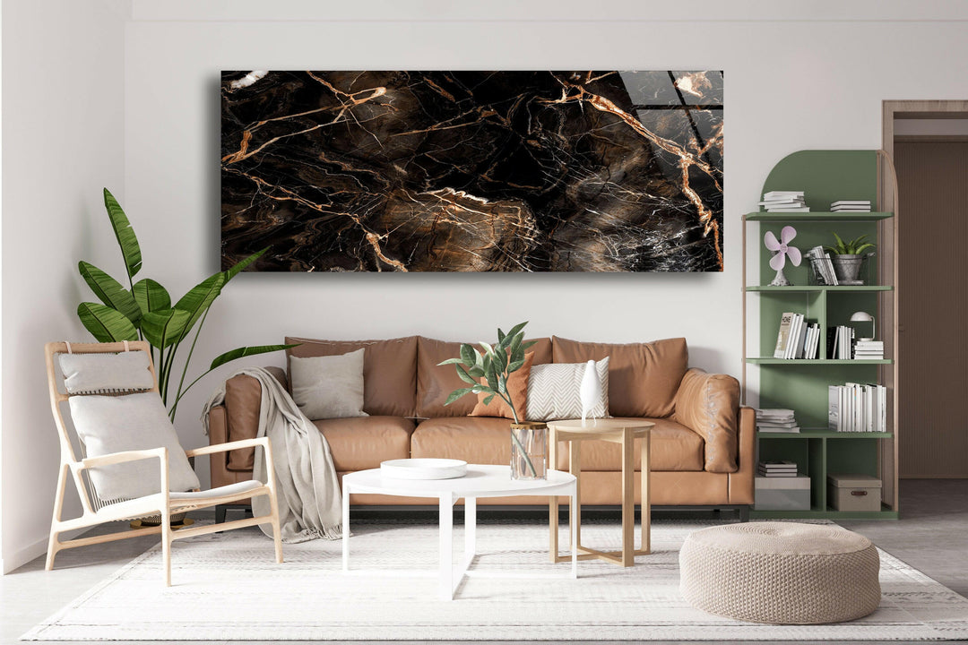 Brown Vein Marble Abstract Glass Wall Art, custom glass photo prints, large glass prints