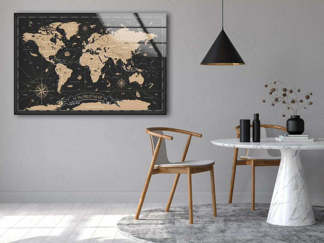 Brown World Map Glass Photo Prints & Cool Art Pieces