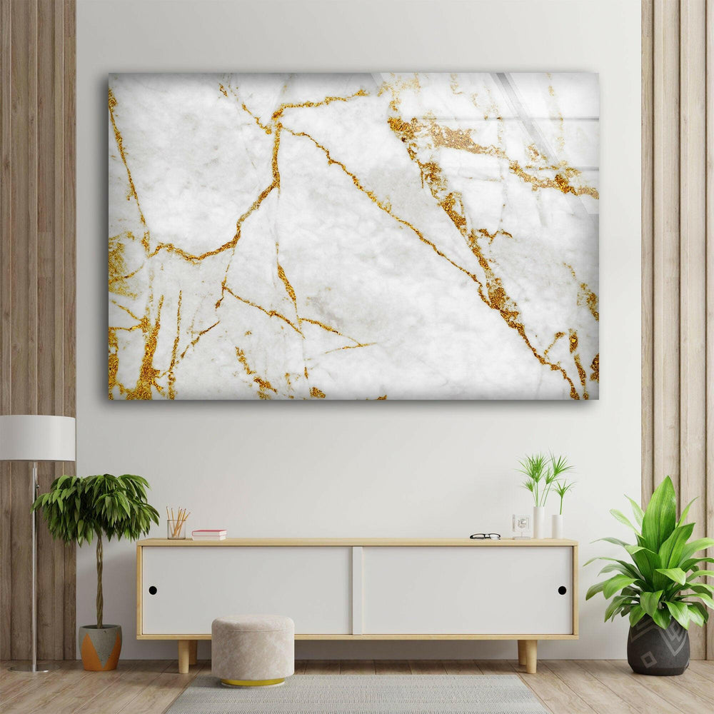 White Marble with Gold Details Glass Printing Art