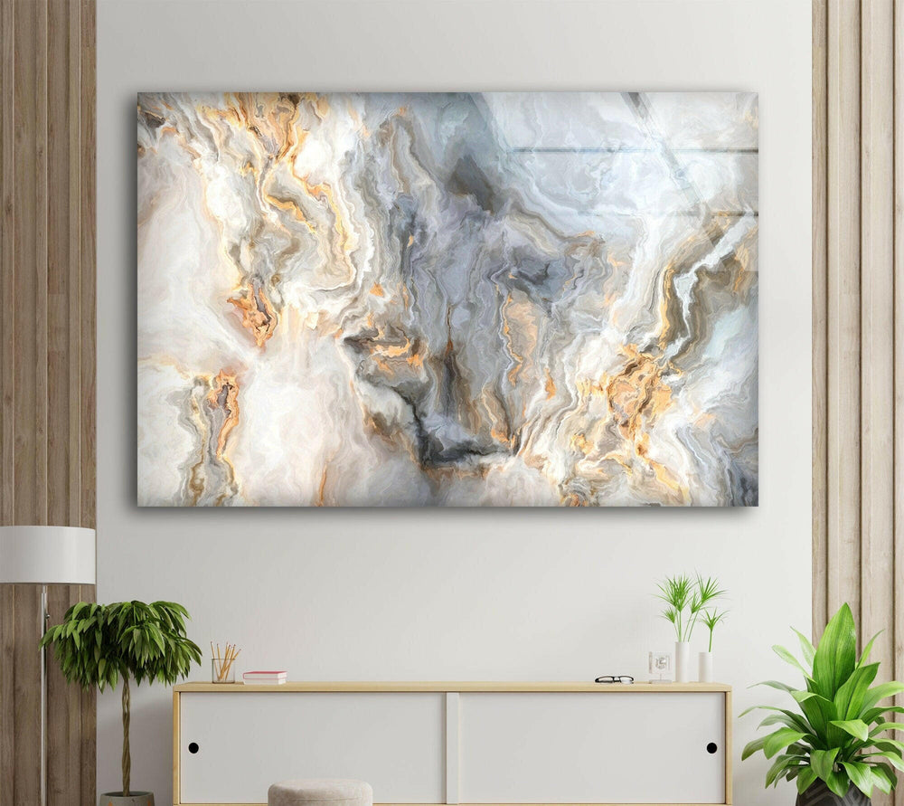 White marble pattern Curly Gray and Gold Veins Marble Glass Wall Art