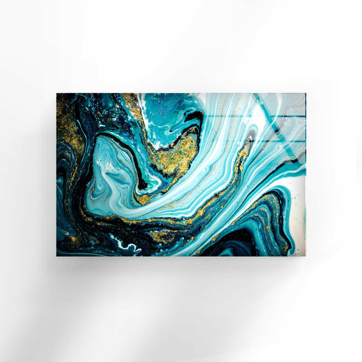 Gold ink on Blue Abstract Glass Wall Art