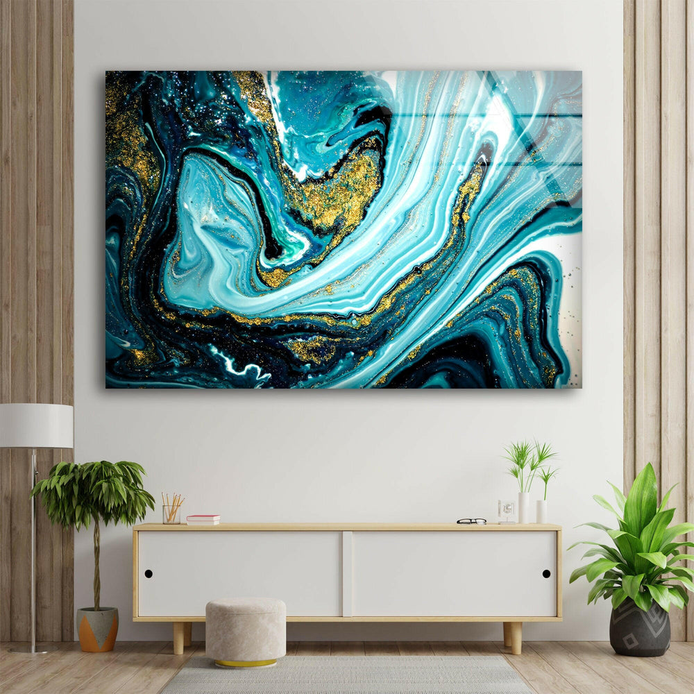 Gold ink on Blue Abstract Art & Glass Wall Decor