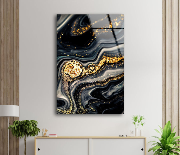 Black Gold Marble Abstract Glass Wall Art glass pictures for Wall, glass prints wall art