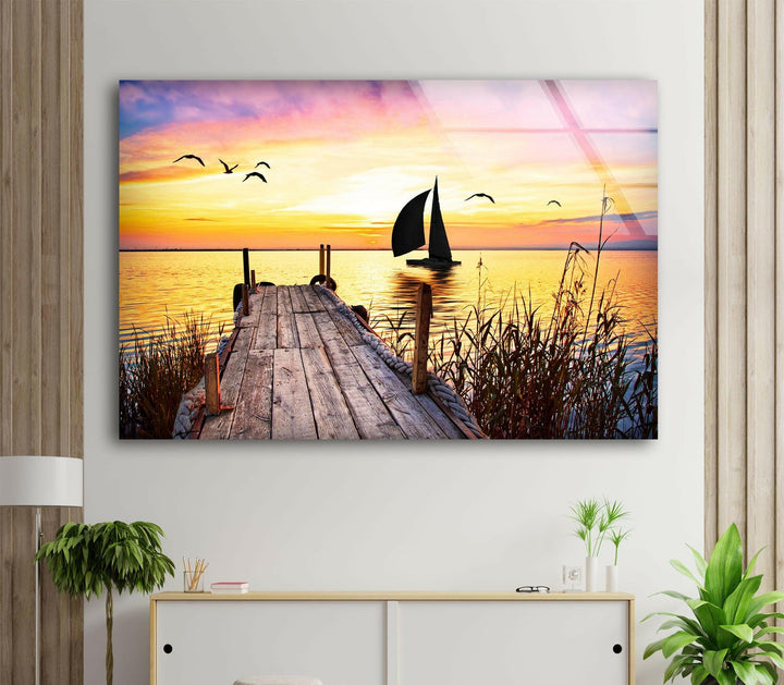 Dock Sunset Landscape Glass Wall Art custom glass photo prints, large glass prints