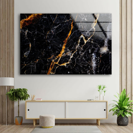 Black & Orange Marble Abstract Glass Wall Art