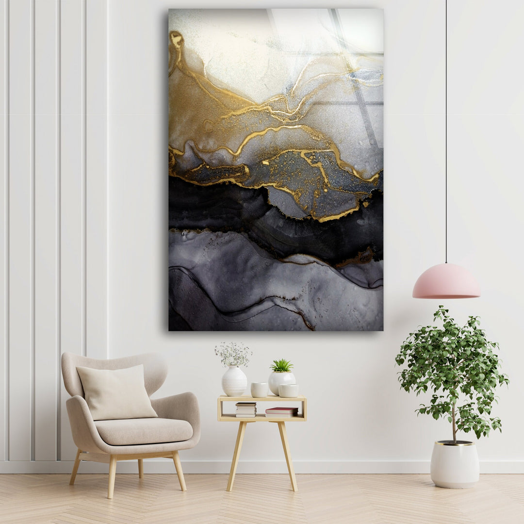 Alcohol ink Black and Gold Glass Wall Art