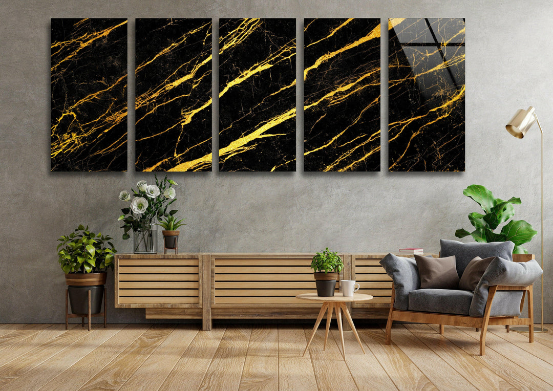 Black Marble With Gold Veins Glass Wall Art, Glass Printing Wall Art, Print photos on glass