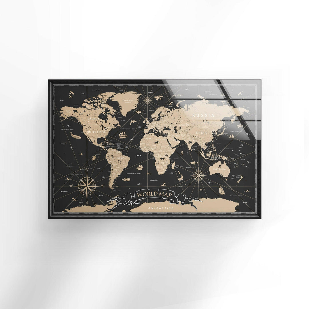 Brown World Map Cool Wall Artwork & Glass Print Art