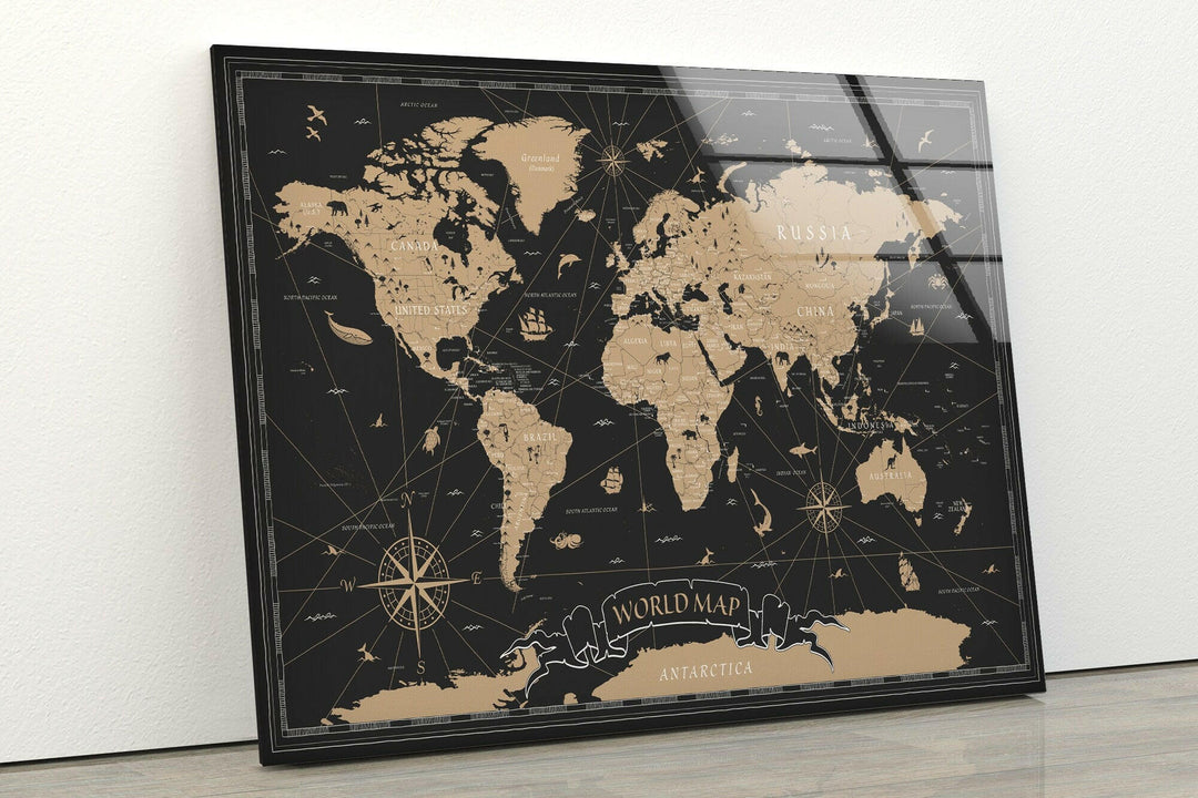 Brown World Map Stained Glass Art & Cool Wall Decor