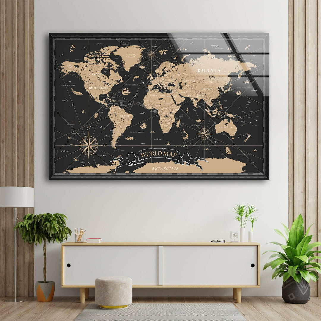 Brown World Map Tempered Glass Art & Cool Abstract