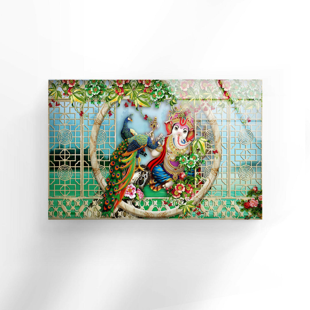 Peacock & Ganesha Glass Wall Art print picture on glass, Tempered Glass Wall Art