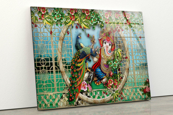 Peacock & Ganesha Glass Wall Art large glass photo prints, glass wall photos