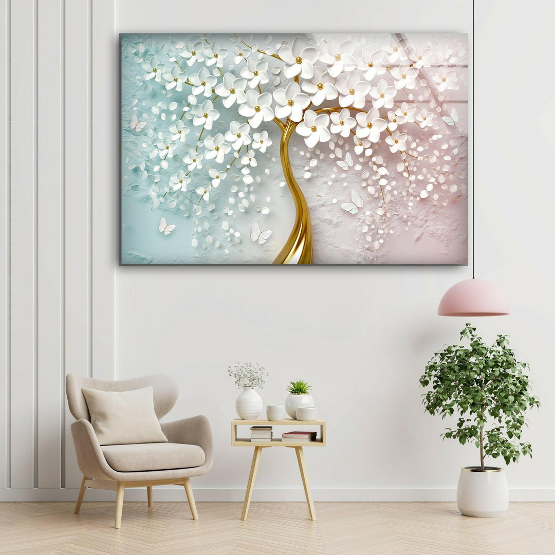 Golden Tree-White Flowers Glass Wall Art, large glass photo prints, glass wall photos