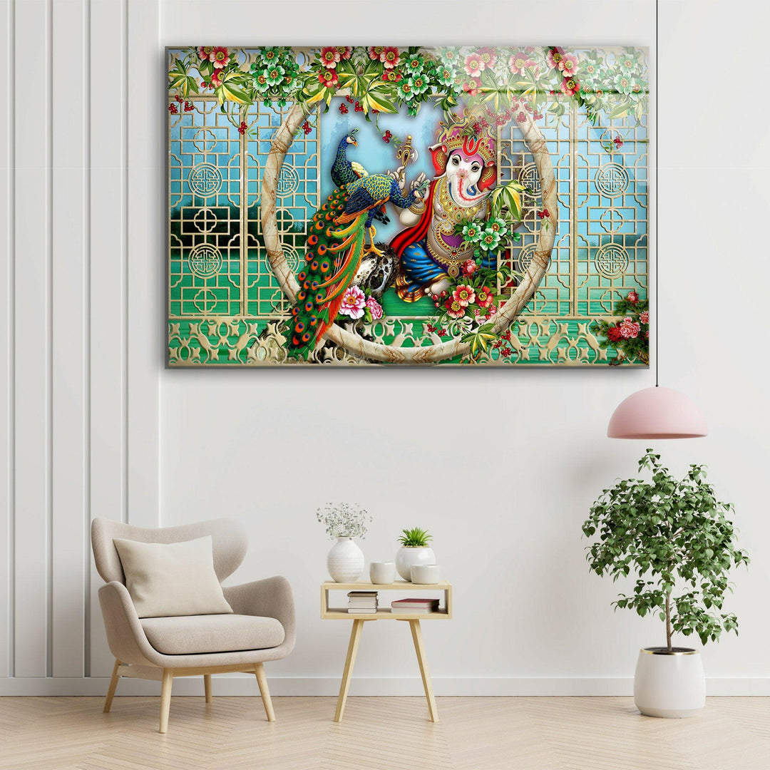 Peacock & Ganesha Glass Wall Art print on glass, glass printed photos