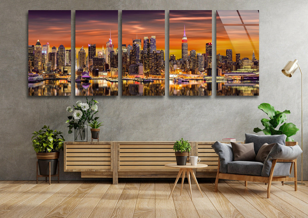 New York City Night Skyline Landscape Glass Wall Art, glass pictures for Wall, glass prints wall art