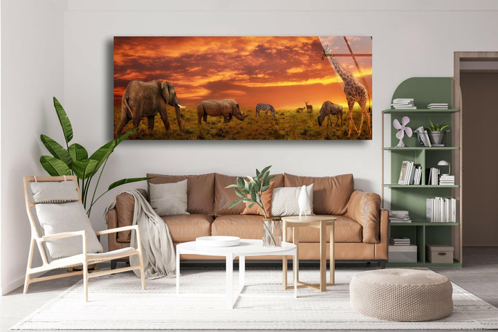 Safari Group Grazing At Sunset Glass Wall Art, glass photo prints, glass picture prints