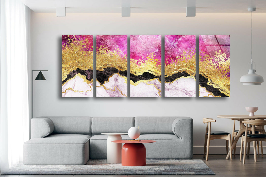 Pink & Gold Marble Glass Wall Art, picture on glass wall art, photos printed on glass