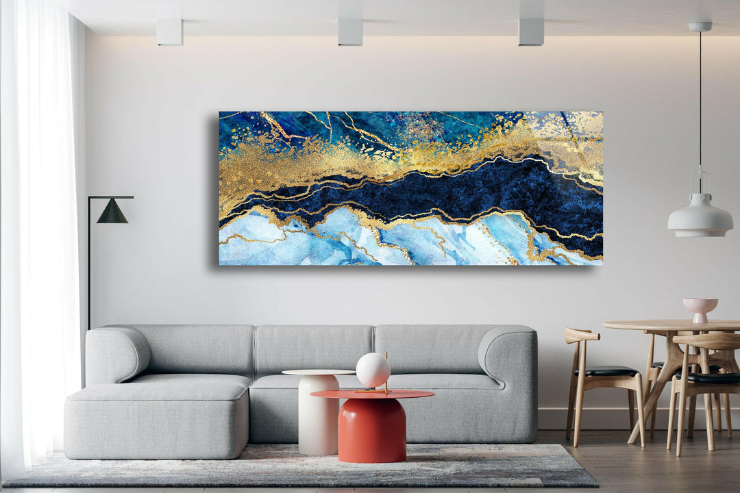 Blue, Gold Marble Abstract Glass Wall Art, print on glass, glass printed photos