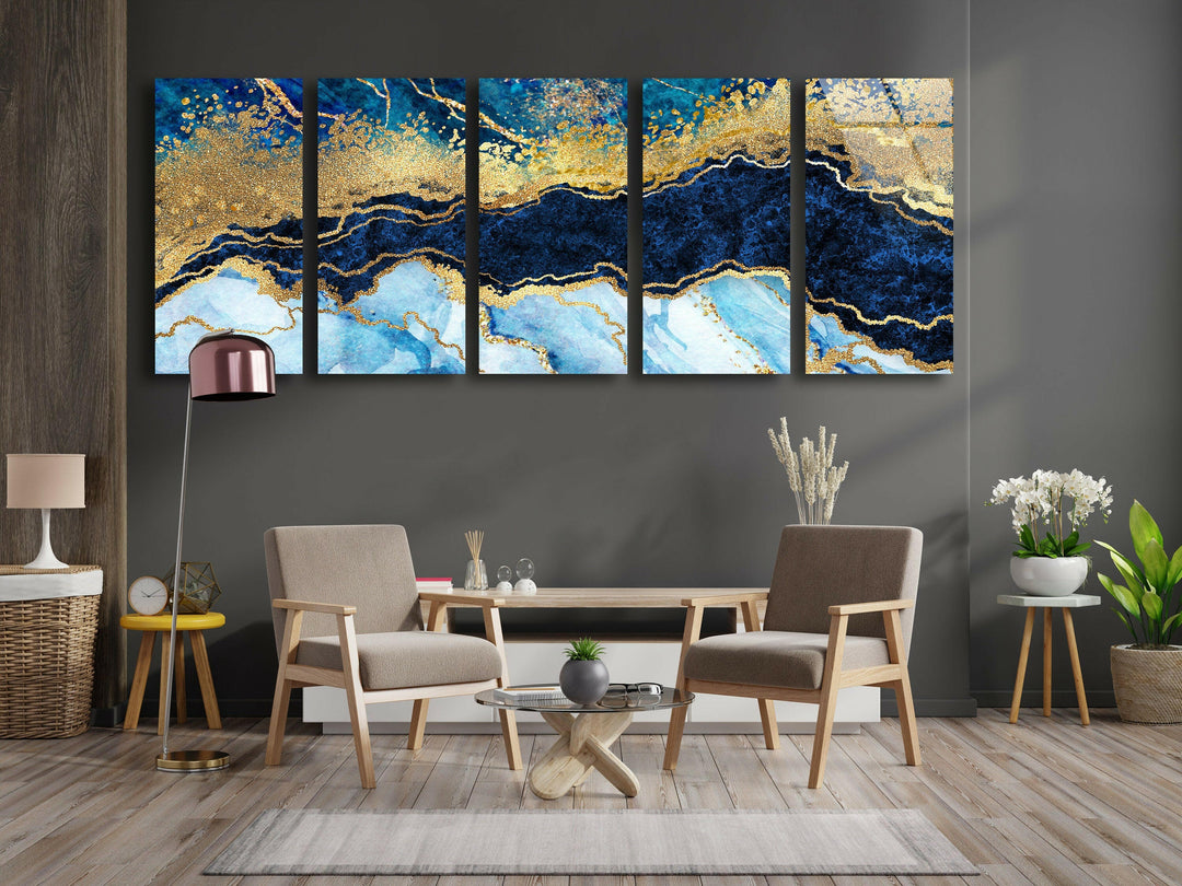 Blue, Gold Marble Abstract Glass Wall Art, picture on glass wall art, photos printed on glass