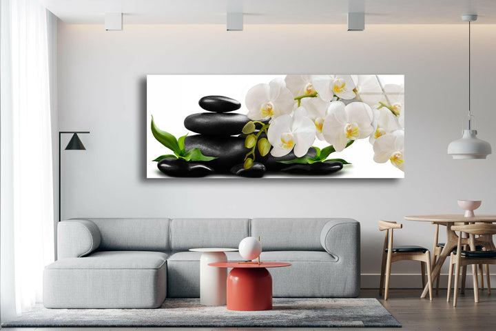 Zen Stones&White Orchid Glass Wall Art, print picture on glass, Tempered Glass Wall Art