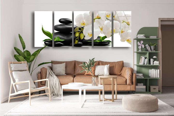 Zen Stones&White Orchid Glass Wall Art, glass wall decor, glass wall art decor