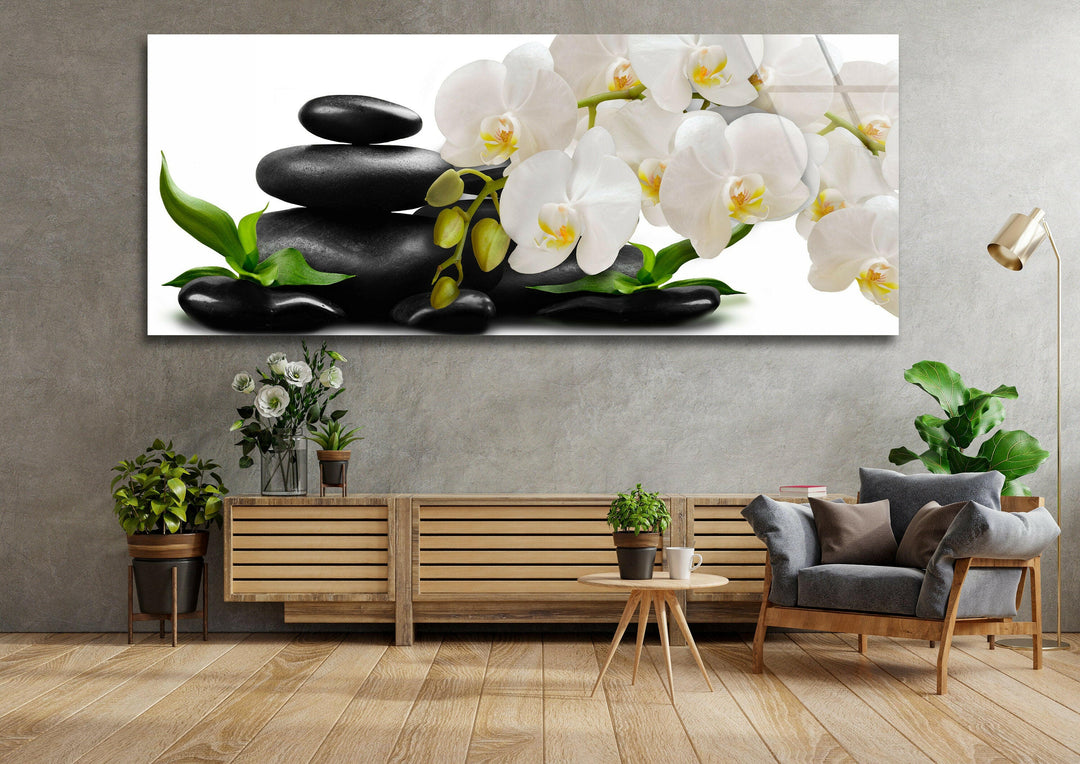 Zen Stones&White Orchid Glass Wall Art, custom glass photo prints, large glass prints