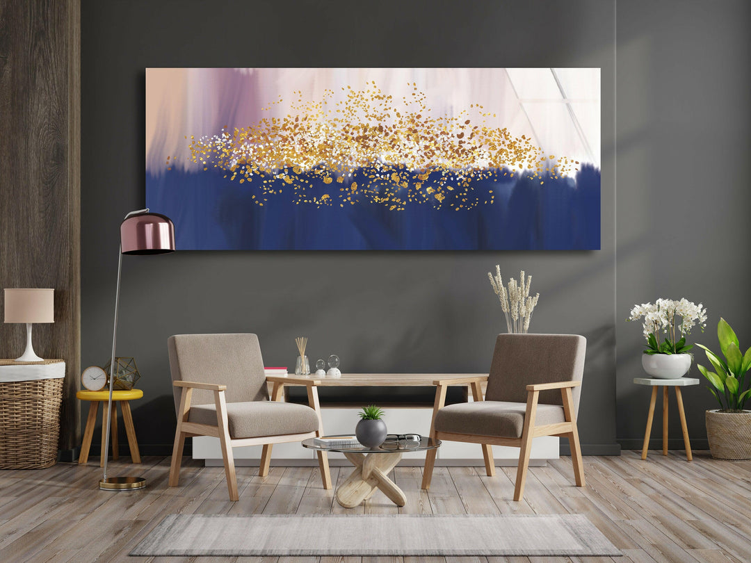 Navy Blue&Gold Abstract Glass Wall Art, large glass photo prints, glass wall photos