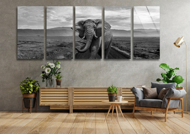 Black&White Wild Elephant Glass Wall Art, glass wall decor, glass wall art decor