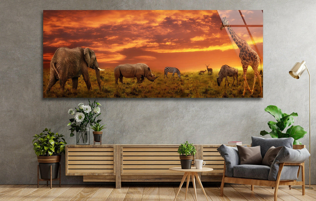 Safari Group Grazing At Sunset Glass Wall Art, glass art painting, glass art for the Wall