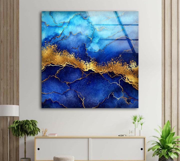 Blue and Golden Abstract Glass Wall Art art glass wall art, glass wall art pictures