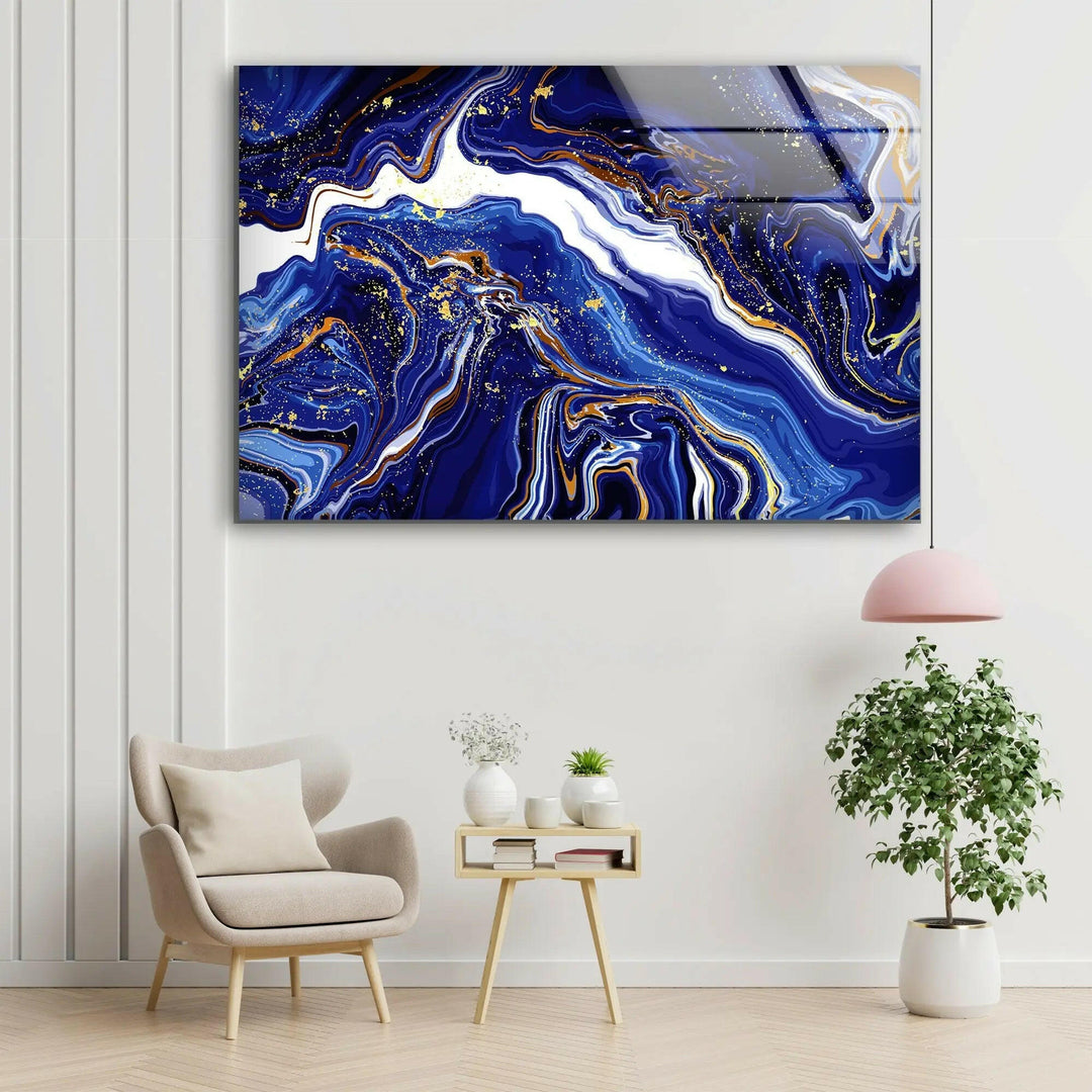 Dark Blue & Gold Marble Glass Wall Art glass art painting, glass art for the Wall