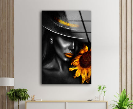 Black Woman and Sunflower Glass Wall Art