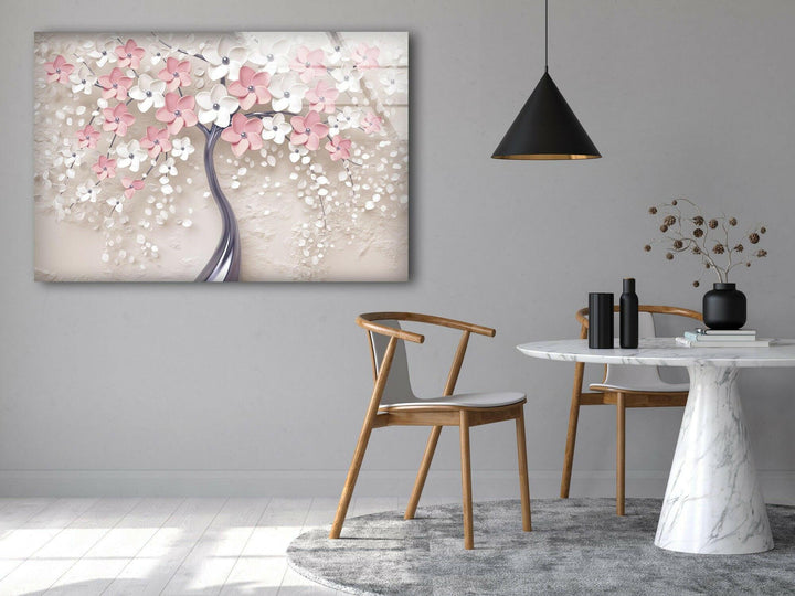 Pink Tree with Flowers Tempered Glass Wall Art - MyPhotoStation