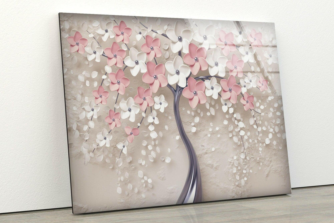 Pink Tree with Flowers Tempered Glass Wall Art - MyPhotoStation