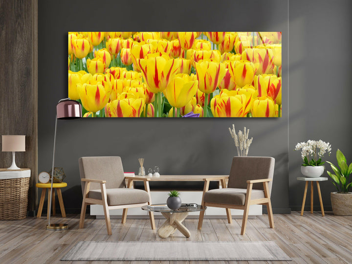 Yellow & Red Tulips Glass Wall Art, print on glass, glass printed photos