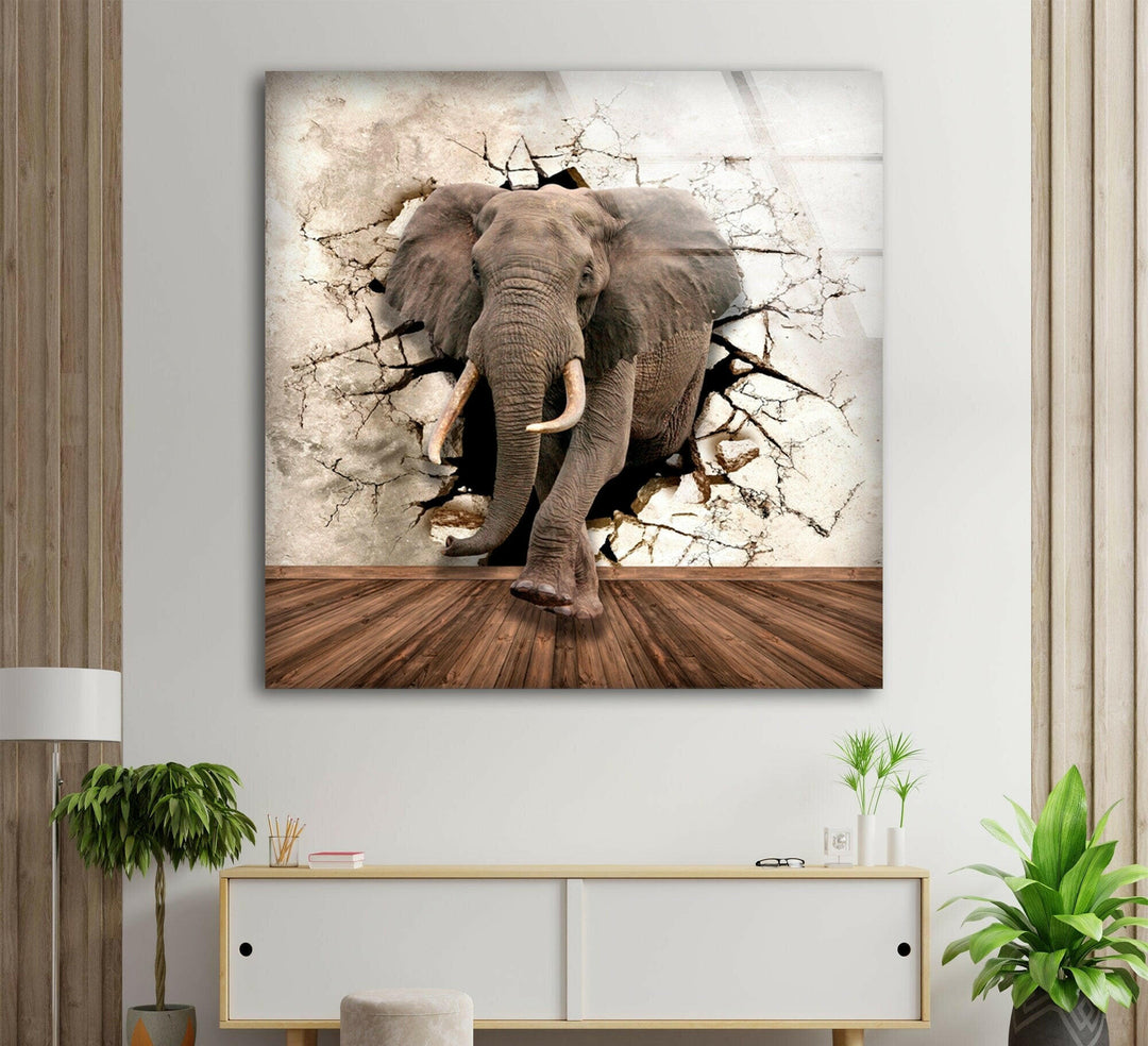 3D Elephant Glass Wall Art print on glass, glass printed photos